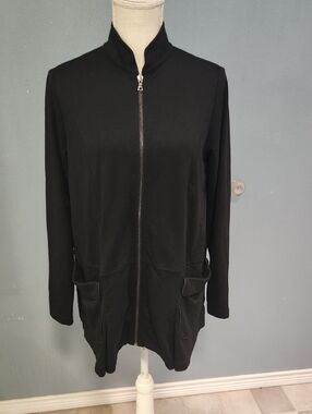 LOGO Lounge Wear Mix Media Satin Zip Up Mock Neck Lagenlook Jacket Minimalist